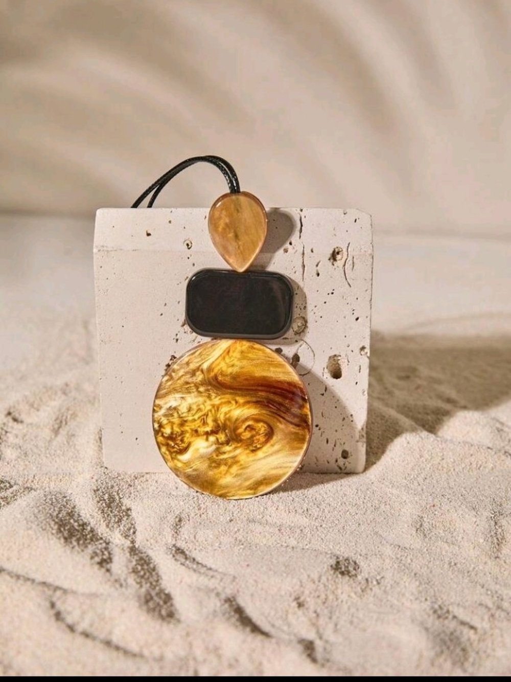 Statement Resin Pendant Necklace in Swirled Amber and Black